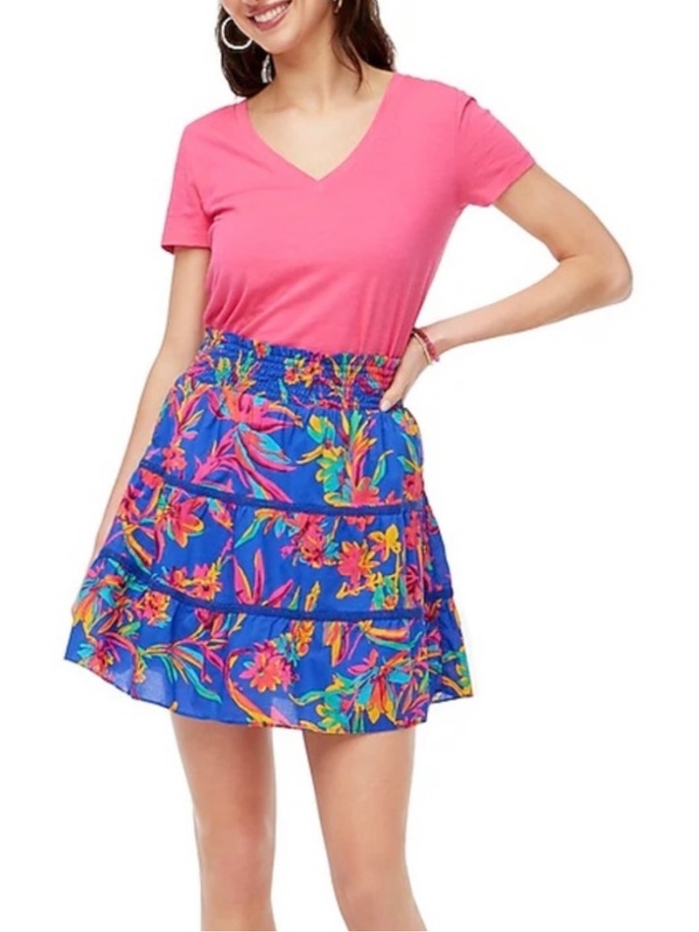 J. Crew Smocked Tiered Mini Size Small Skirt in Blue Tropical Floral Print